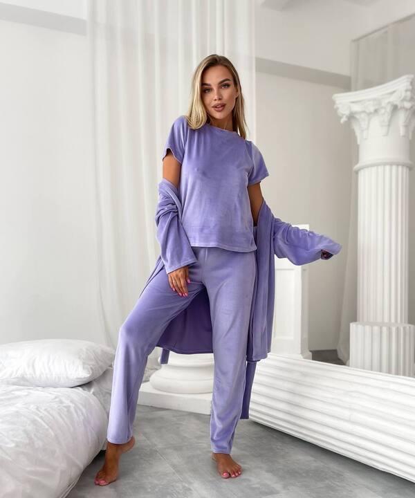 Домашний комплект-тройка женский из трикотажного велюра футболка брюки и накидка осенний