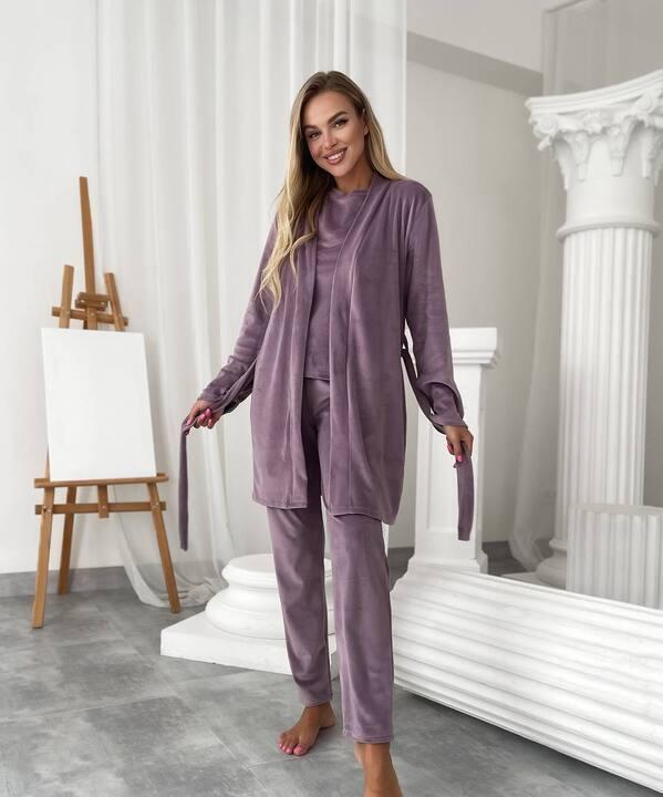 Домашний комплект-тройка женский из трикотажного велюра кофта с поясом брюки и накидка осенний