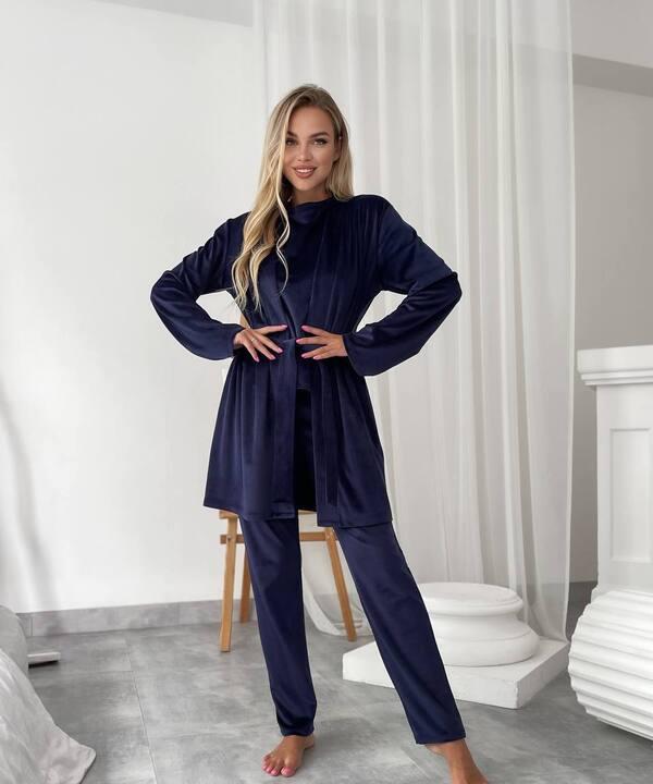 Домашний комплект-тройка женский из трикотажного велюра кофта с поясом брюки и накидка осенний