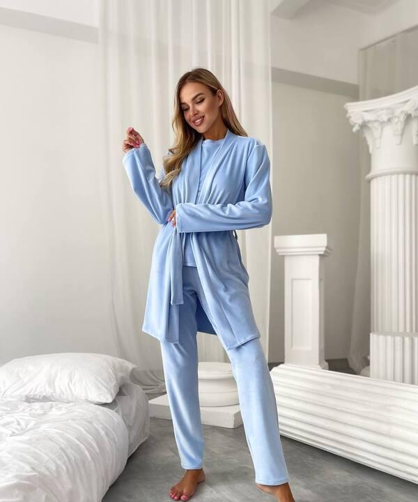 Домашний комплект-тройка женский из трикотажного велюра кофта с поясом брюки и накидка осенний