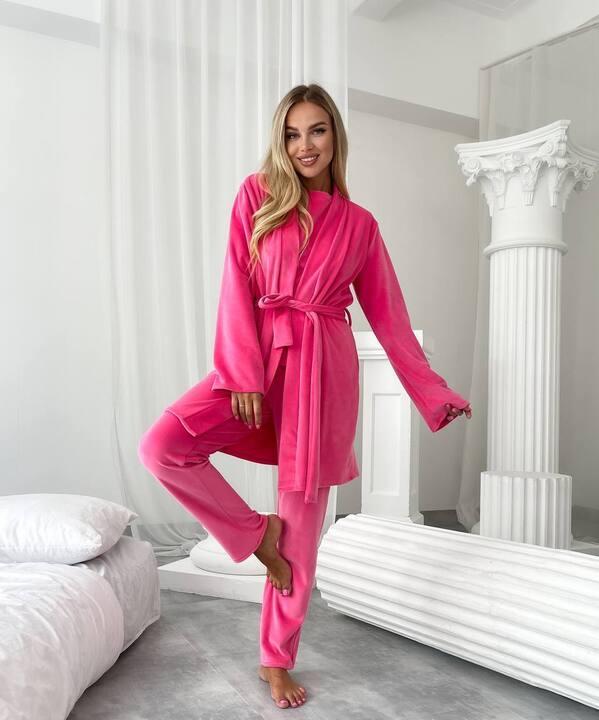 Домашний комплект-тройка женский из трикотажного велюра кофта с поясом брюки и накидка осенний