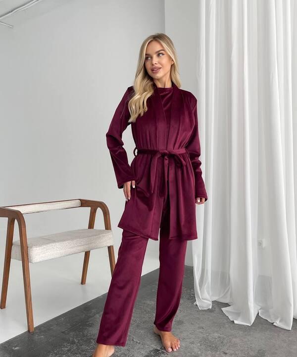 Домашний комплект-тройка женский из трикотажного велюра кофта с поясом брюки и накидка осенний