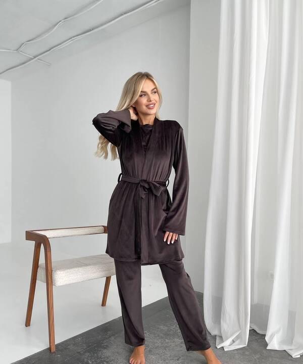 Домашний комплект-тройка женский из трикотажного велюра кофта с поясом брюки и накидка осенний