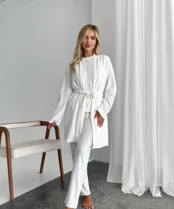 Домашний комплект-тройка женский из трикотажного велюра кофта с поясом брюки и накидка осенний