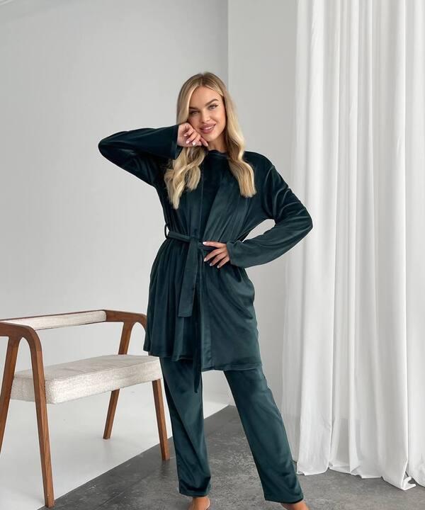 Домашний комплект-тройка женский из трикотажного велюра кофта с поясом брюки и накидка осенний