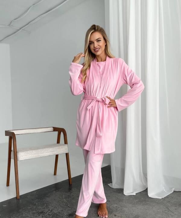 Домашний комплект-тройка женский из трикотажного велюра кофта с поясом брюки и накидка осенний