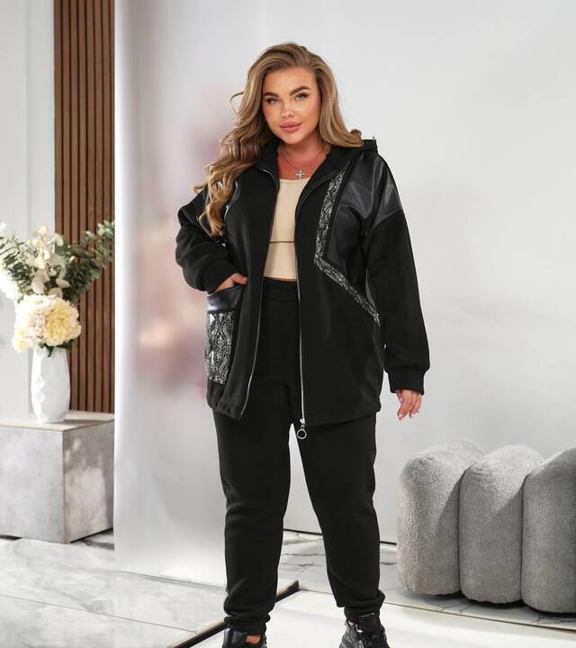 Спортивный костюм женский утепленный из трехнитки на флисе с вставками из эко-кожи осенний