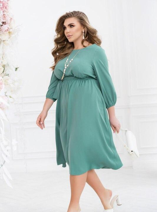 Платье женское миди с отрезной талией и поясом зеленое с рукавом 7/8 элегантное осеннее