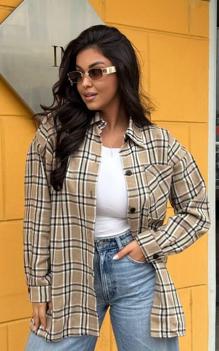 Рубашка женская удлинённая свободного кроя из фланели в песочную клетку осенняя