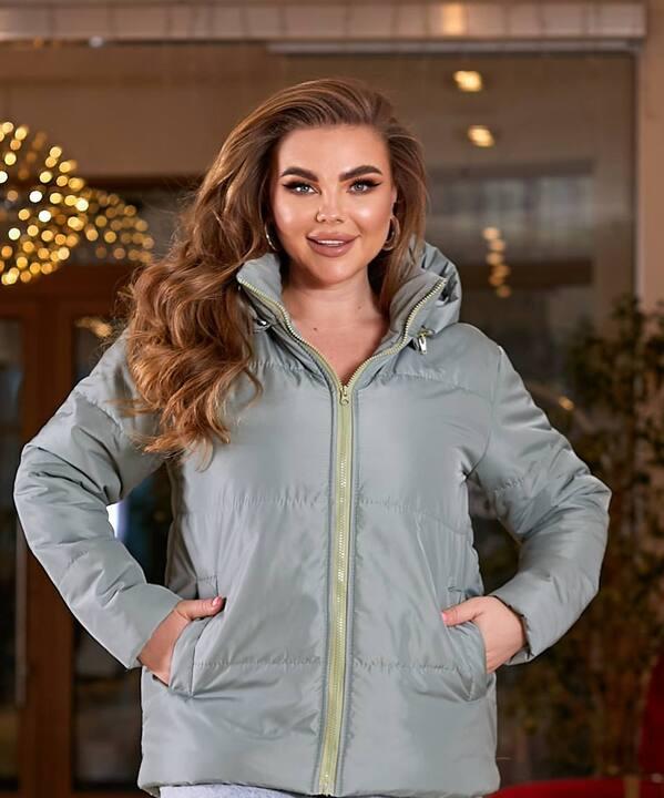 Куртка женская оливковая плащевка Канада с силиконовым утеплителем и подкладкой саржа короткая со съемным капюшоном осенне-зимняя больших размеров