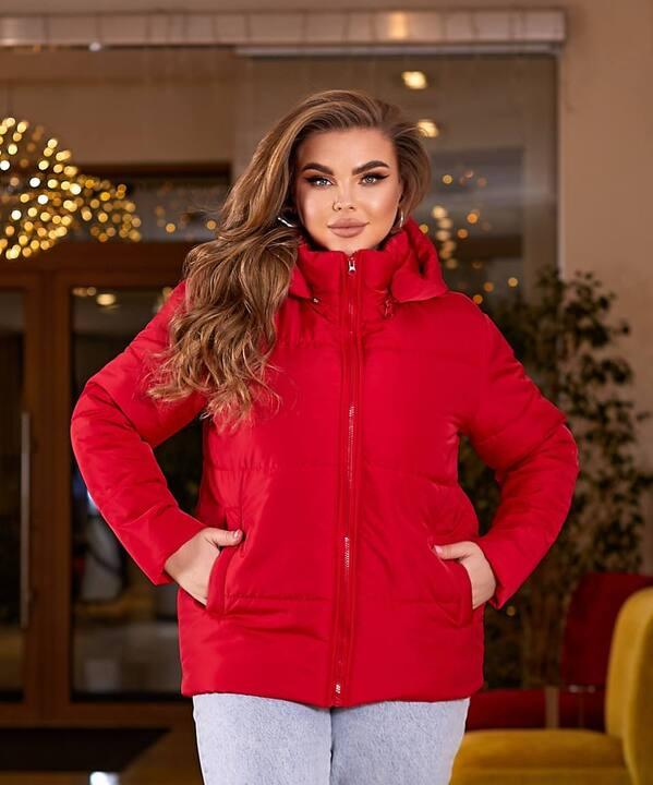 Куртка женская красная плащевка Канада с силиконовым утеплителем и подкладкой саржа короткая со съемным капюшоном осенне-зимняя больших размеров