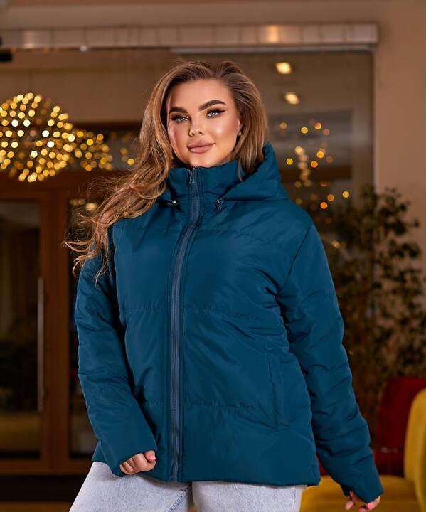 Куртка женская синяя плащевка Канада с силиконовым утеплителем и подкладкой саржа короткая со съемным капюшоном осенне-зимняя больших размеров