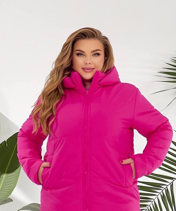 Куртка женская фуксия плащевка Канада с силиконовым утеплителем и подкладкой саржа короткая со съемным капюшоном осенне-зимняя больших размеров