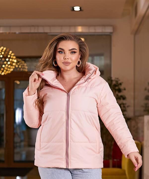 Куртка женская розовая плащевка Канада с силиконовым утеплителем и подкладкой саржа короткая со съемным капюшоном осенне-зимняя больших размеров