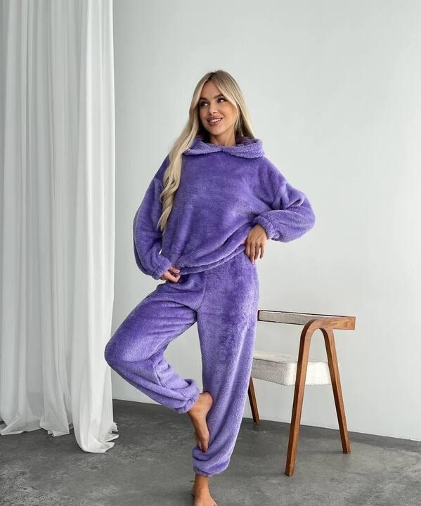 Домашний комплект женский из двусторонней махры с капюшоном лавандовый осенне-зимний