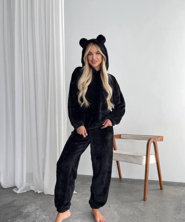 Домашний комплект женский из двусторонней махры с капюшоном и ушками осенне-зимний