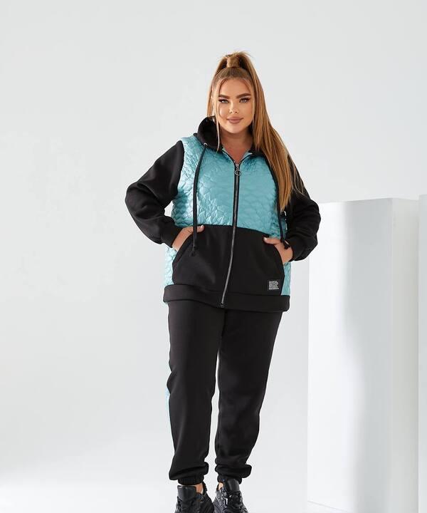 Спортивный костюм-двойка женский утепленный из трехнитки на флисе с бирюзовыми стегаными вставками и капюшоном осенне-зимний