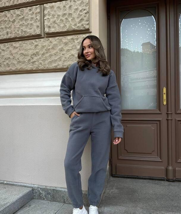Спортивный костюм женский двойка из флиса полар с худи теплый осенне-зимний