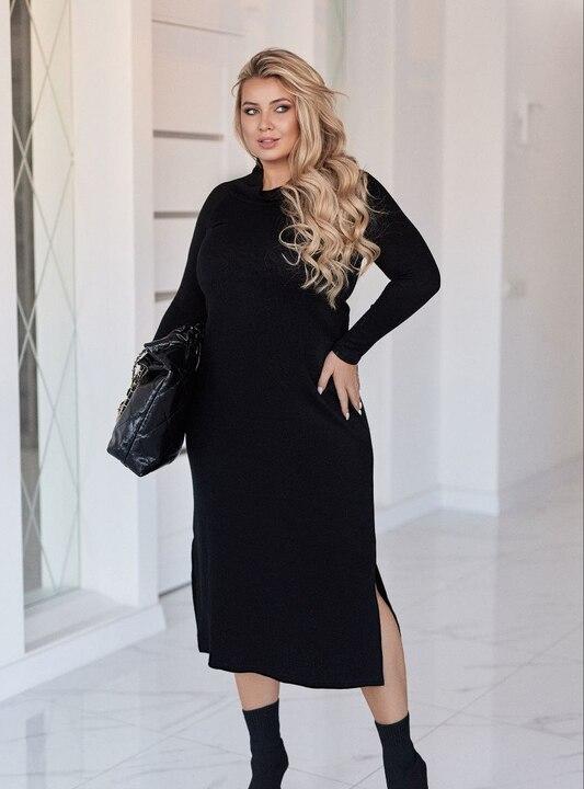 Платье прямого кроя женское трикотаж ангора миди с длинным рукавом и разрезами по бокам осенне-зимнее