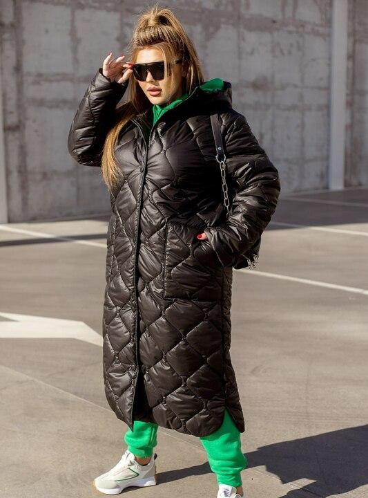 Куртка женская длинная стёганая из плащевки Лаке с капюшоном и утеплителем синтепон 200 осенне-зимняя