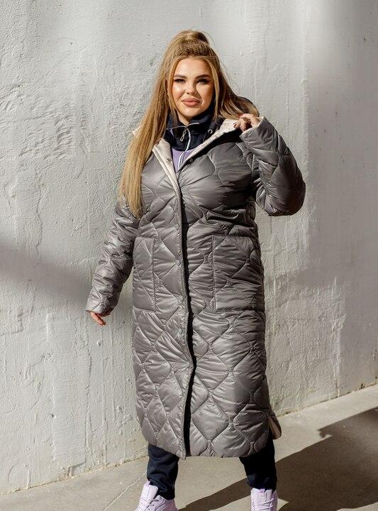 Куртка женская длинная стёганая из плащевки Лаке с капюшоном и утеплителем синтепон 200 осенне-зимняя