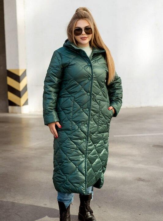 Куртка женская длинная стёганая из плащевки Лаке с капюшоном и утеплителем синтепон 200 осенне-зимняя
