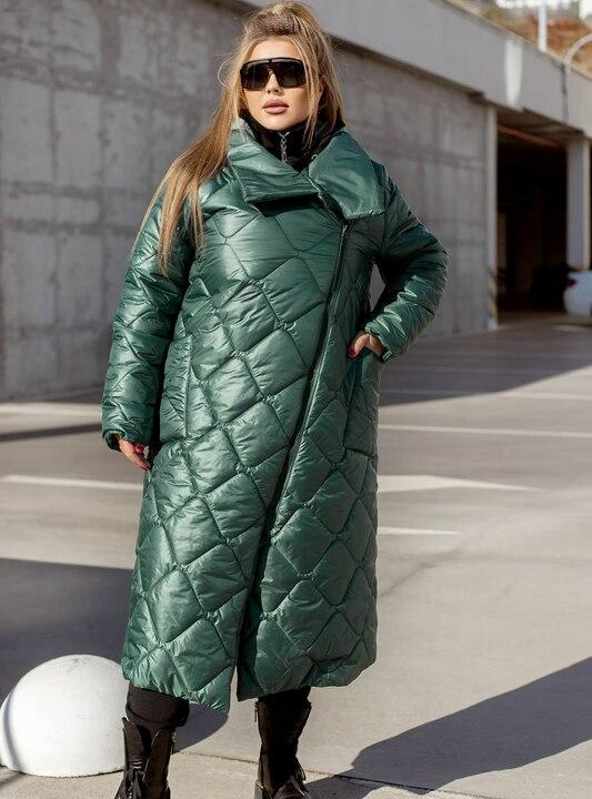 Куртка женская осенне-зимняя длинная стёганая из плащевки с утеплителем и асимметричной молнией бордовая