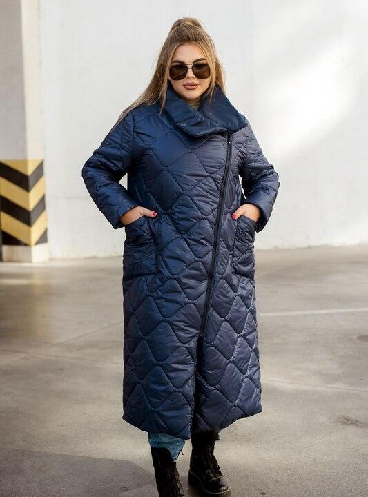 Куртка женская осенне-зимняя длинная стёганая из плащевки с утеплителем и асимметричной молнией синяя