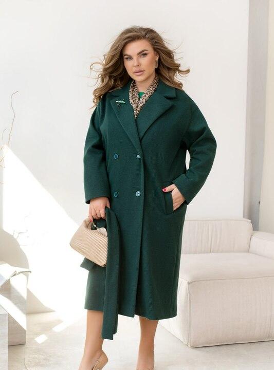 Пальто женское осенне-зимнее кашемировое двубортное с поясом и подкладкой зелёное