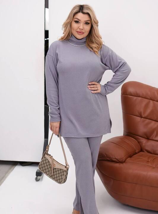 Костюм-двойка женский ангоровый из рубчика оверсайз с туникой и брюками палаццо высокой посадки с боковыми разрезами осенне-зимний