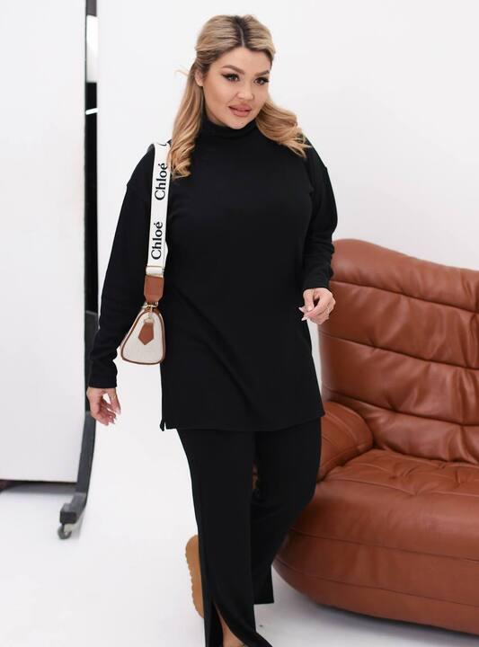 Костюм-двойка женский ангоровый из рубчика оверсайз с туникой и брюками палаццо высокой посадки с боковыми разрезами осенне-зимний