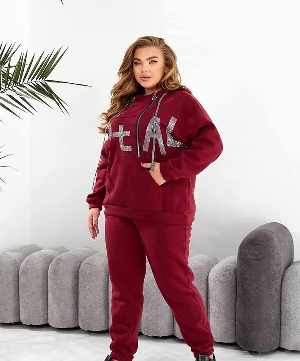 Костюм-двойка женский утеплённый из трёхнитки на флисе с каменным декором осенне-зимний