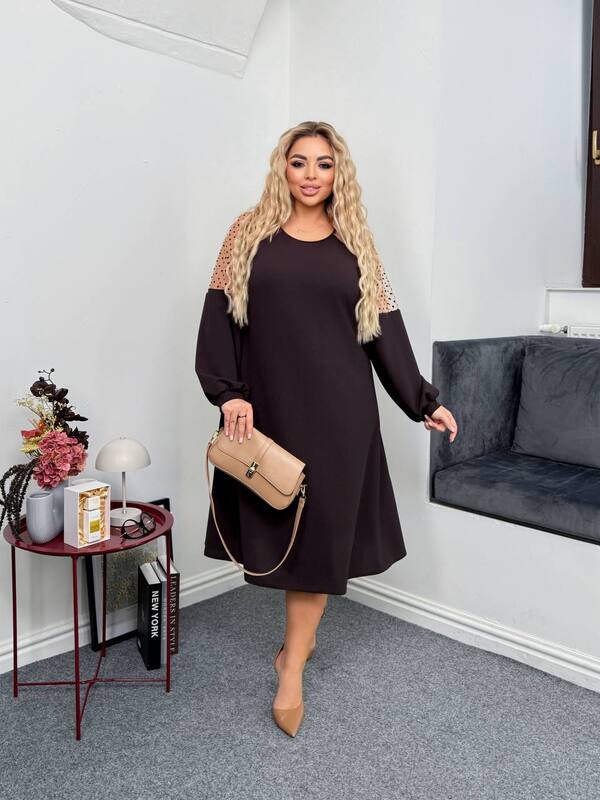 Платье-трапеция женское из креп дайвинга с декоративными вставками из сетки осеннее зимнее