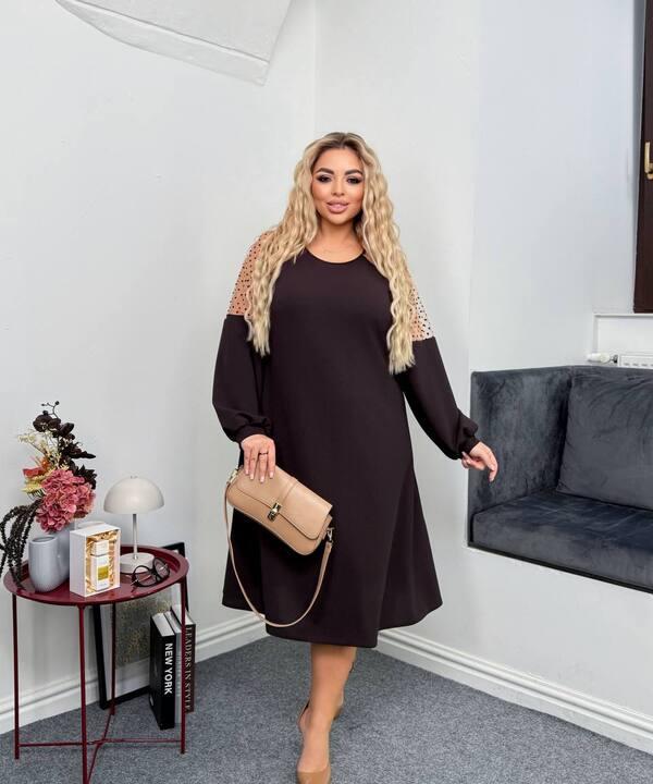 Платье-трапеция женское из креп дайвинга с декоративными вставками из сетки осеннее зимнее