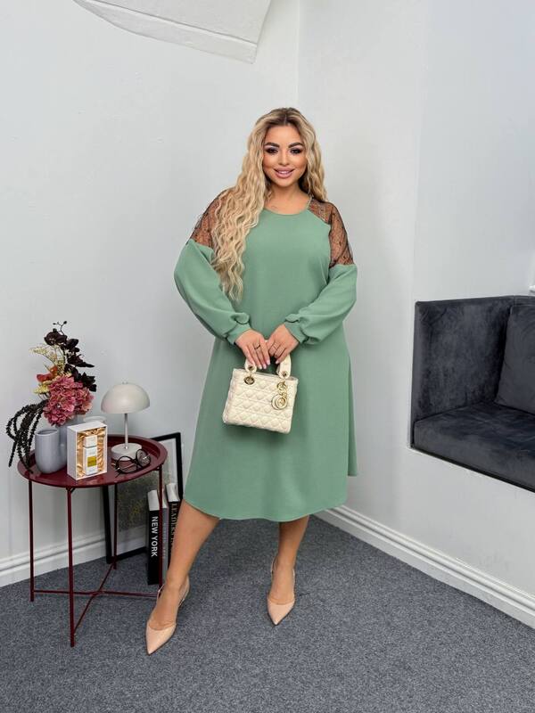 Платье-трапеция женское из креп дайвинга с сетчатыми вставками на плечах осеннее зимнее