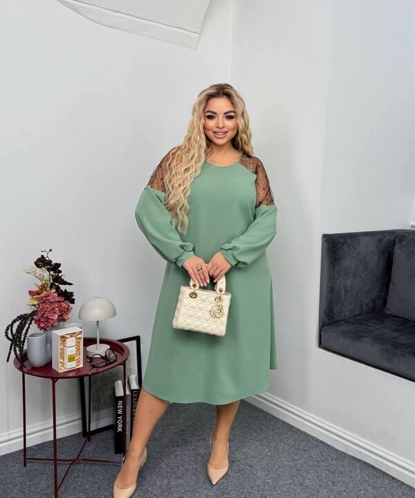 Платье-трапеция женское из креп дайвинга с сетчатыми вставками на плечах осеннее зимнее