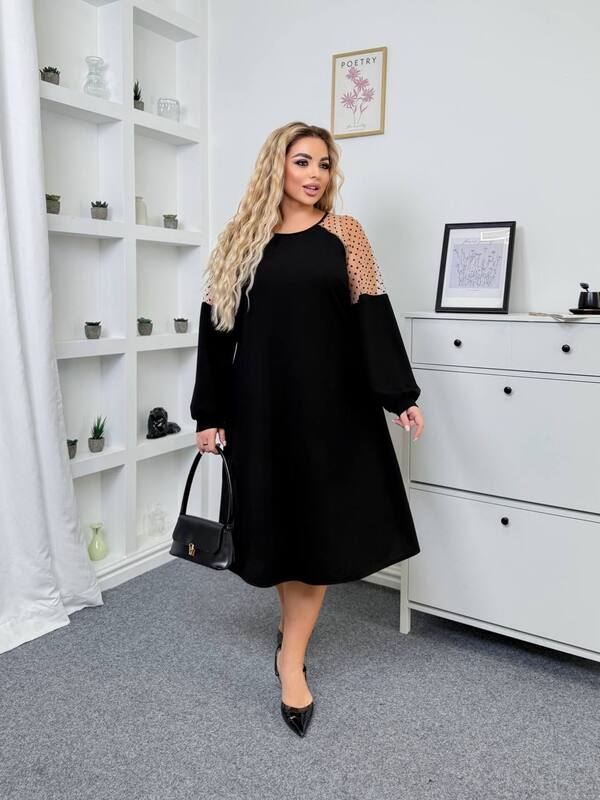 Платье-трапеция женское из креп дайвинга с декоративными сетчатыми вставками осеннее зимнее