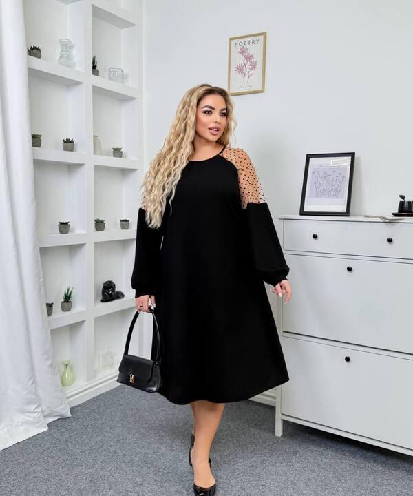 Платье-трапеция женское из креп дайвинга с декоративными сетчатыми вставками осеннее зимнее