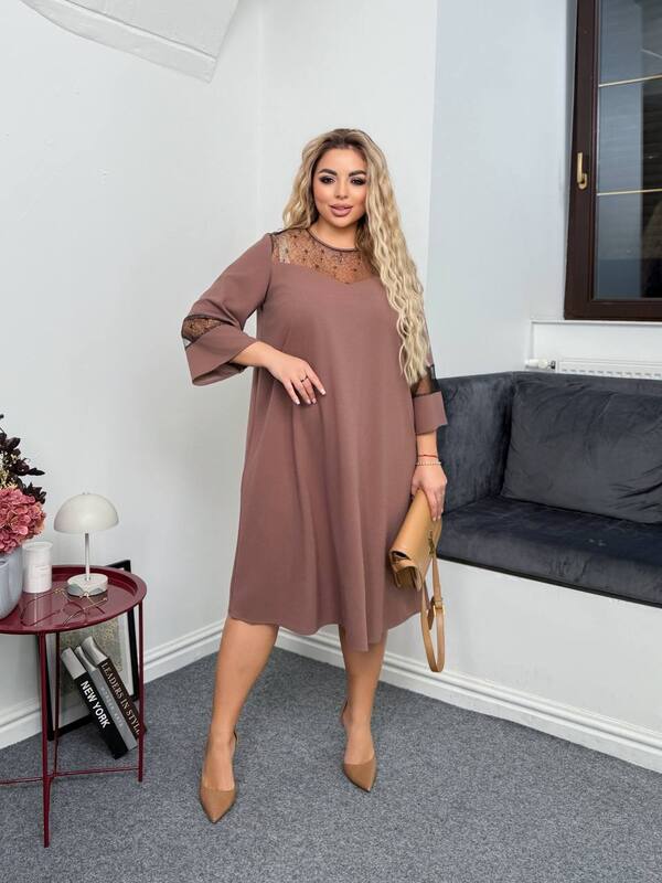 Платье-трапеция женское из креп дайвинга с декоративными вставками из сетки на груди и рукавах осеннее зимнее