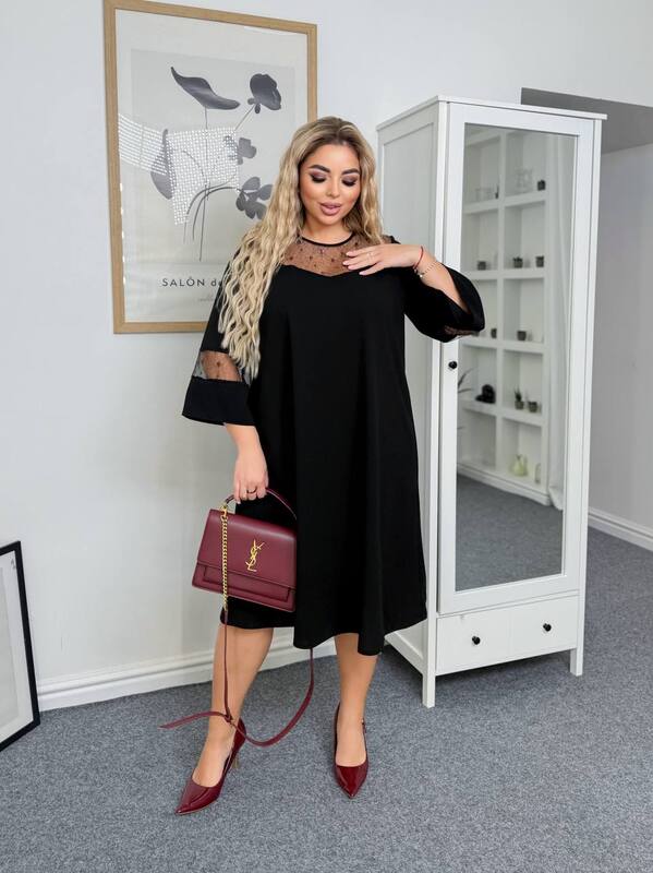 Платье-трапеция женское из креп дайвинга с декоративными вставками из сетки на груди и рукавах осеннее зимнее