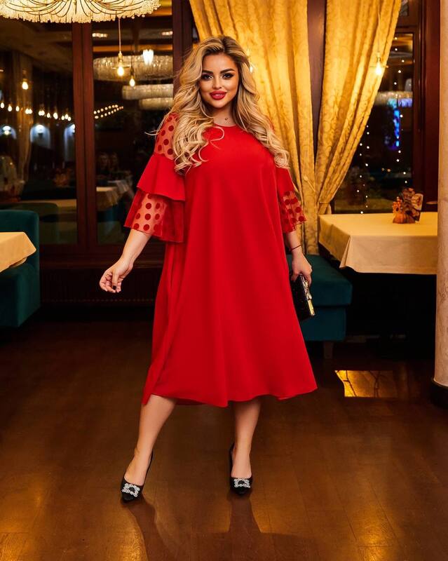 Платье-трапеция женское из креп дайвинга с декоративными рукавами из флокированной сетки осеннее зимнее