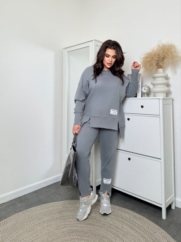 Женский спортивный костюм-двойка из мягкого микрофлиса «плюш пума» серый осенний зимний