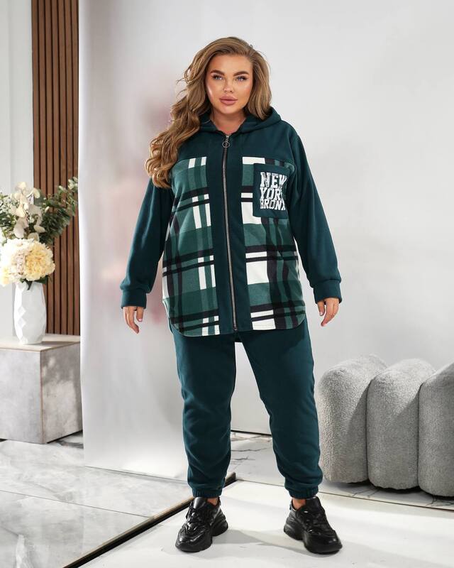 Женский спортивный костюм-двойка из тёплого флиса с капюшоном и клетчатым принтом осенний зимний