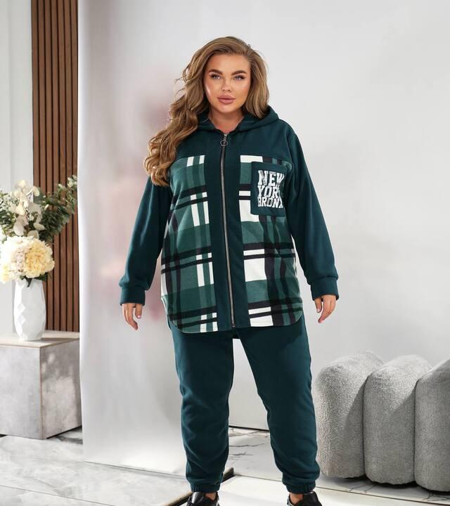 Женский спортивный костюм-двойка из тёплого флиса с капюшоном и клетчатым принтом осенний зимний