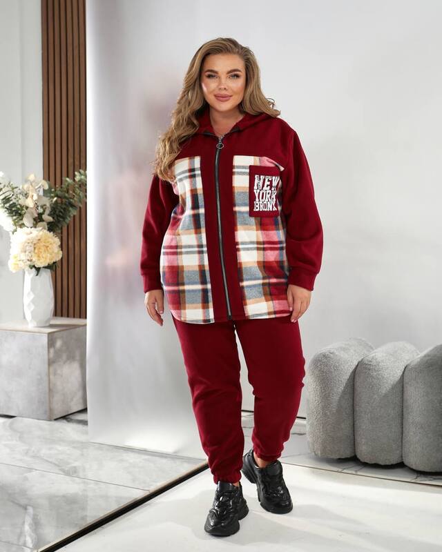 Женский спортивный костюм-двойка из тёплого флиса с капюшоном и принтом в клетку осенний зимний