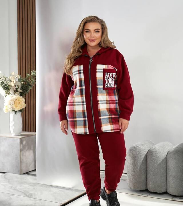 Женский спортивный костюм-двойка из тёплого флиса с капюшоном и принтом в клетку осенний зимний