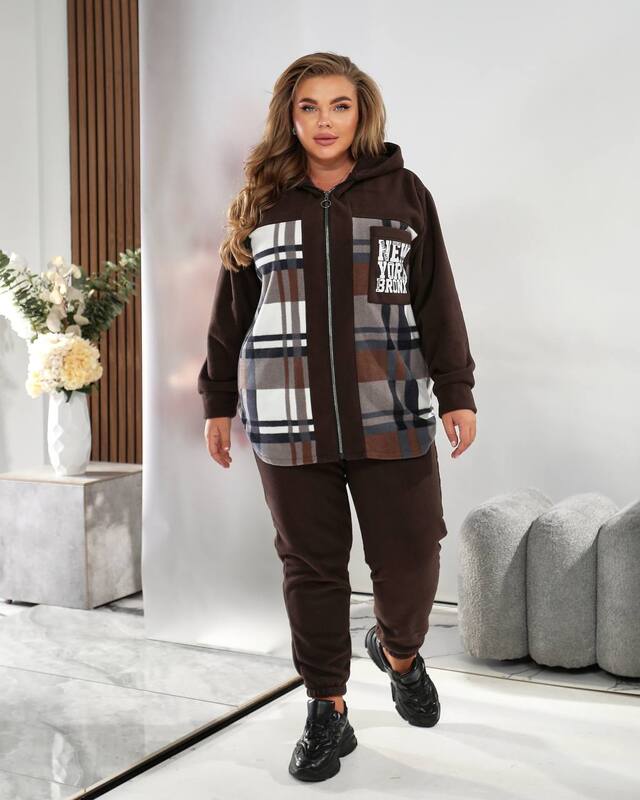 Женский спортивный костюм-двойка из тёплого флиса с капюшоном и принтом в клетку осенний зимний