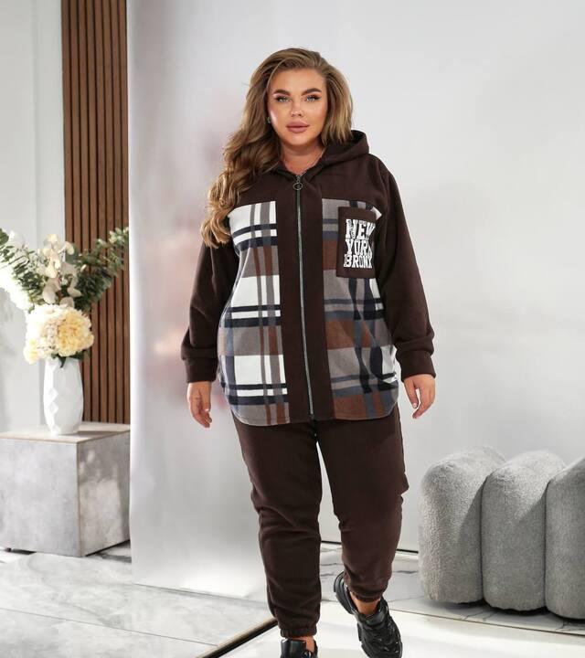 Женский спортивный костюм-двойка из тёплого флиса с капюшоном и принтом в клетку осенний зимний