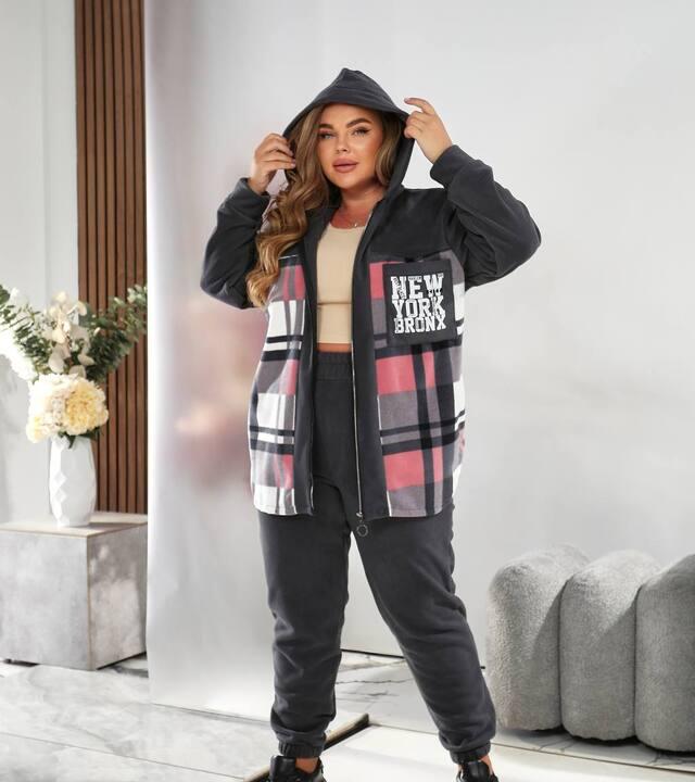 Женский спортивный костюм-двойка из тёплого флиса с капюшоном и принтом в клетку осенний зимний