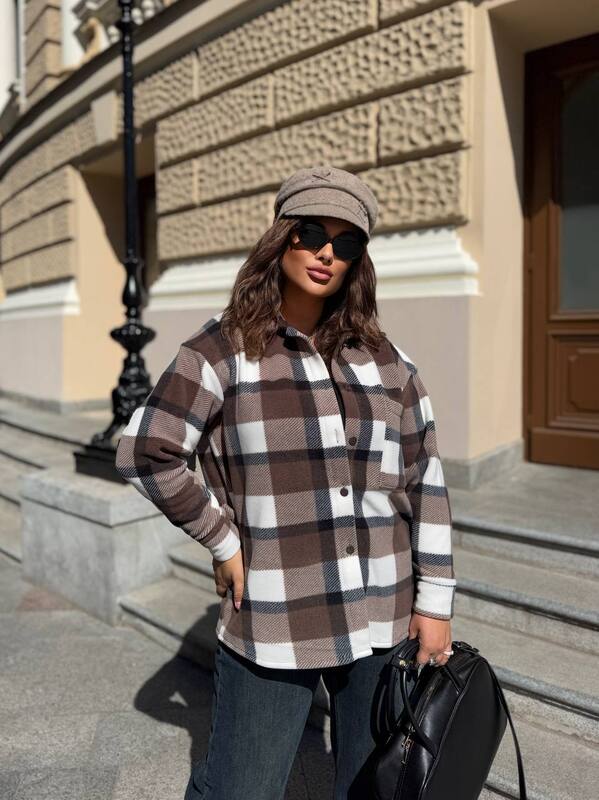 Рубашка женская флисовая в крупную клетку с карманом и пуговицами осенне-зимняя